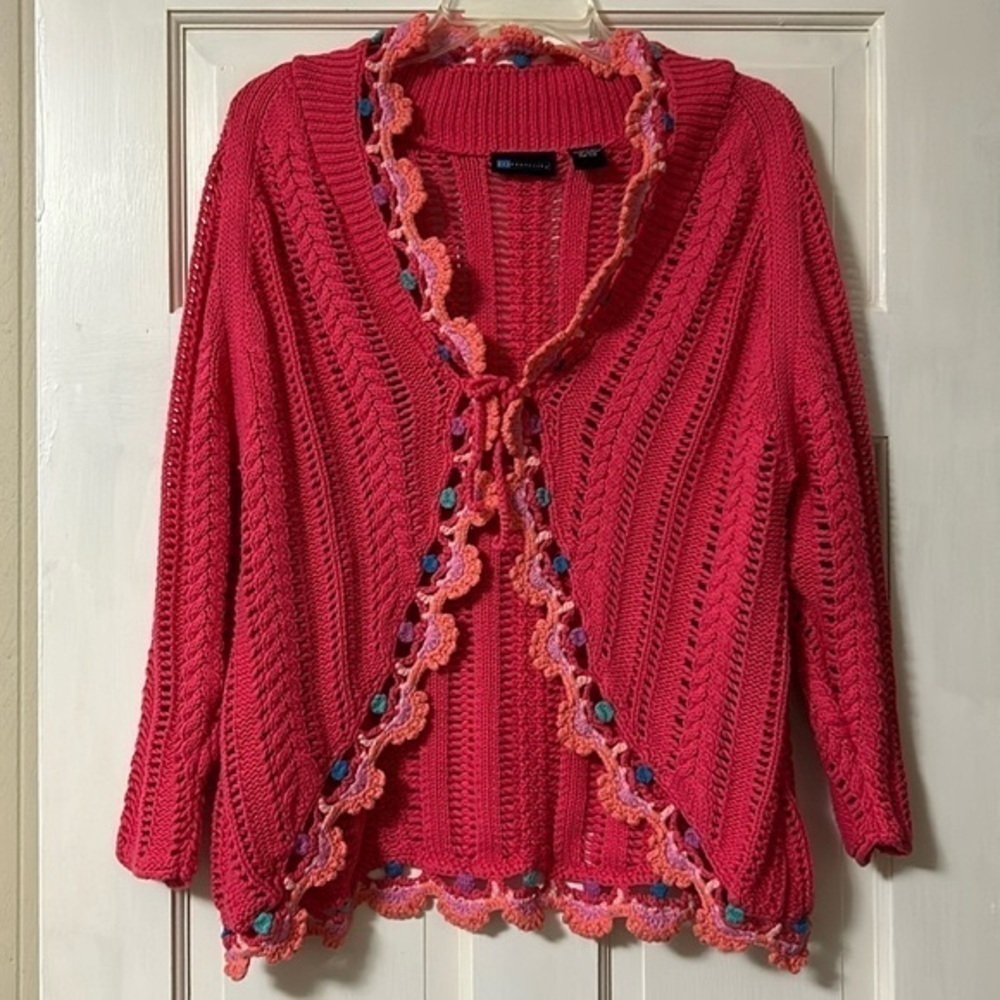 Vintage Pink Crochet Knit Tie Front Cardigan size 1X Grandmacore Y2K Barbiecore